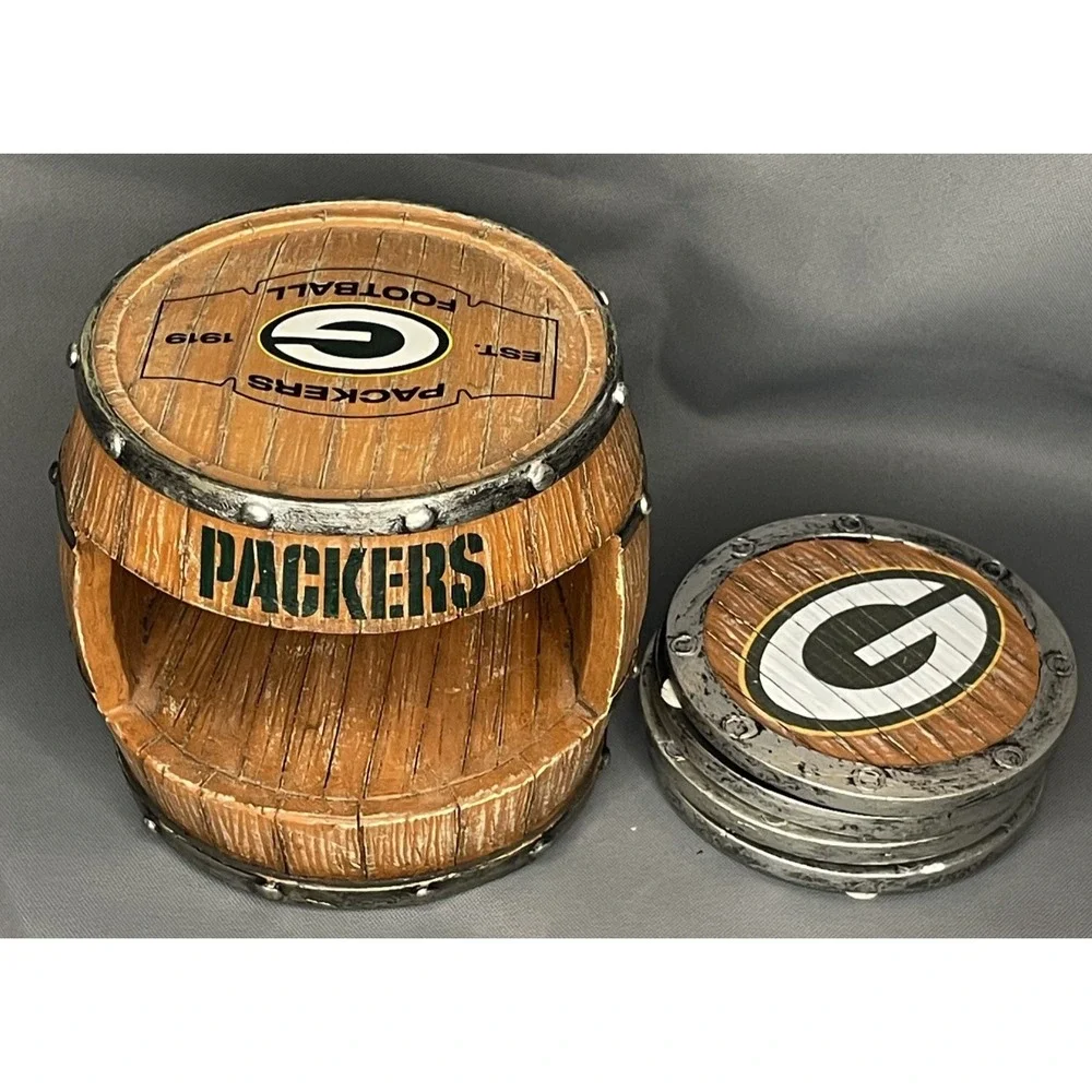Green Bay Packers Coasters set of 4‎ Metal Trim NFL Wooden Barrel Collectible